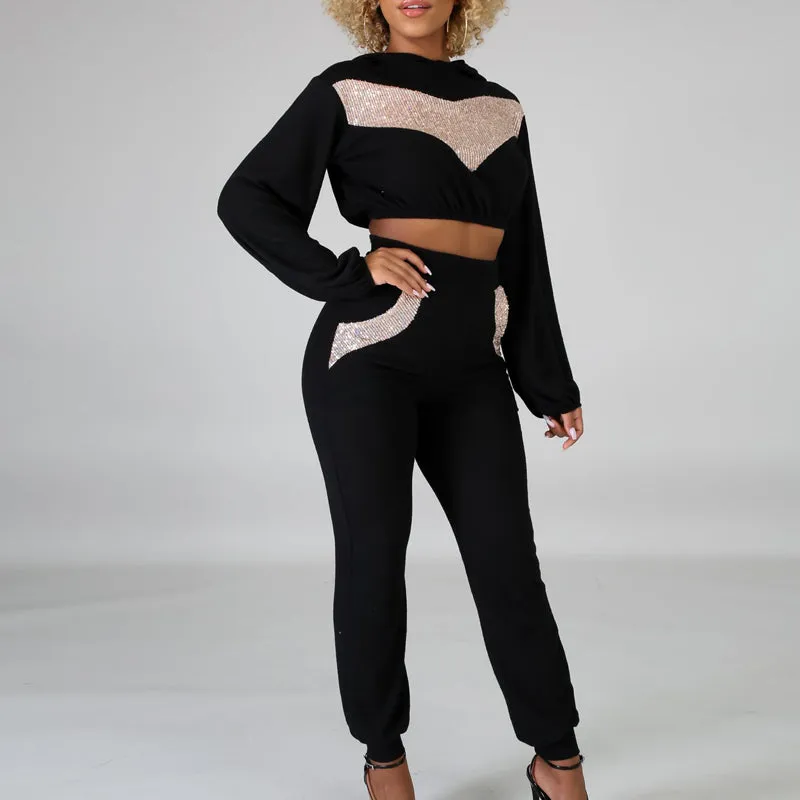 Sequin Patchwork Pocket Design Long Sleeve High Waist Pants Set