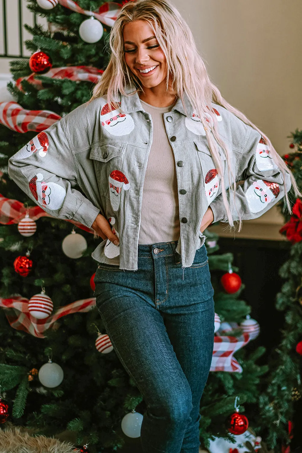 Sequined Santa Claus Flap Corduroy Jacket