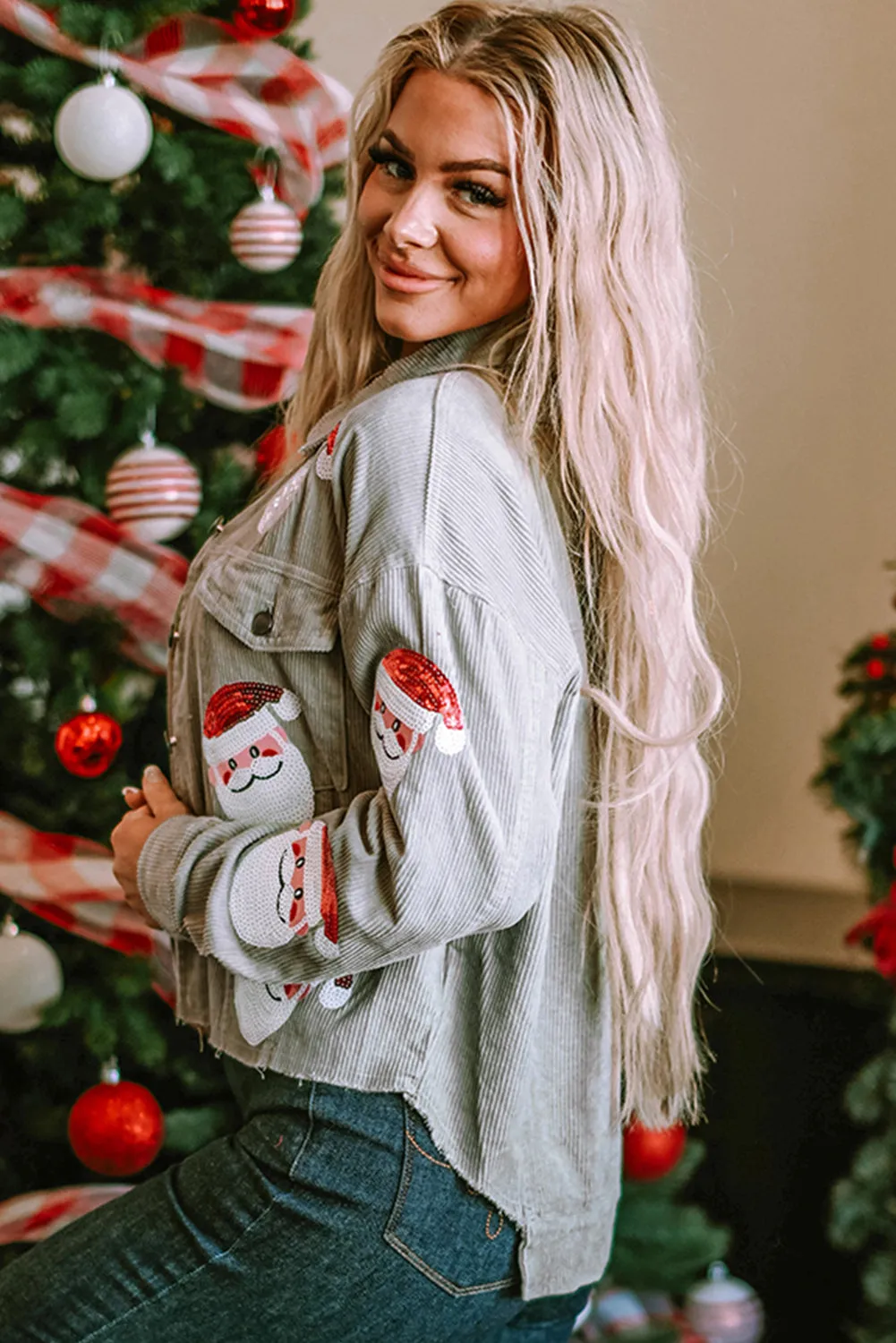 Sequined Santa Claus Flap Corduroy Jacket