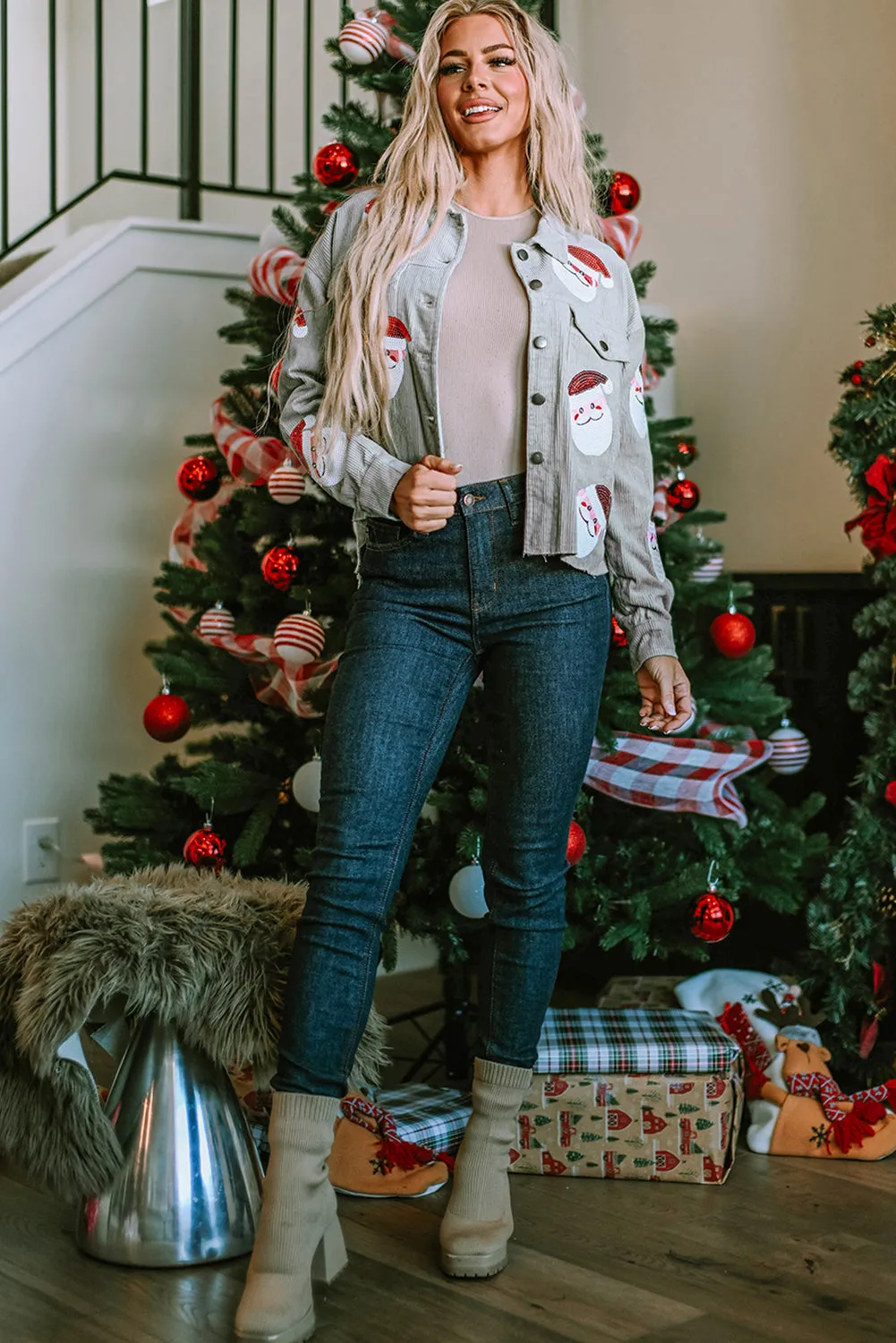 Sequined Santa Claus Flap Corduroy Jacket