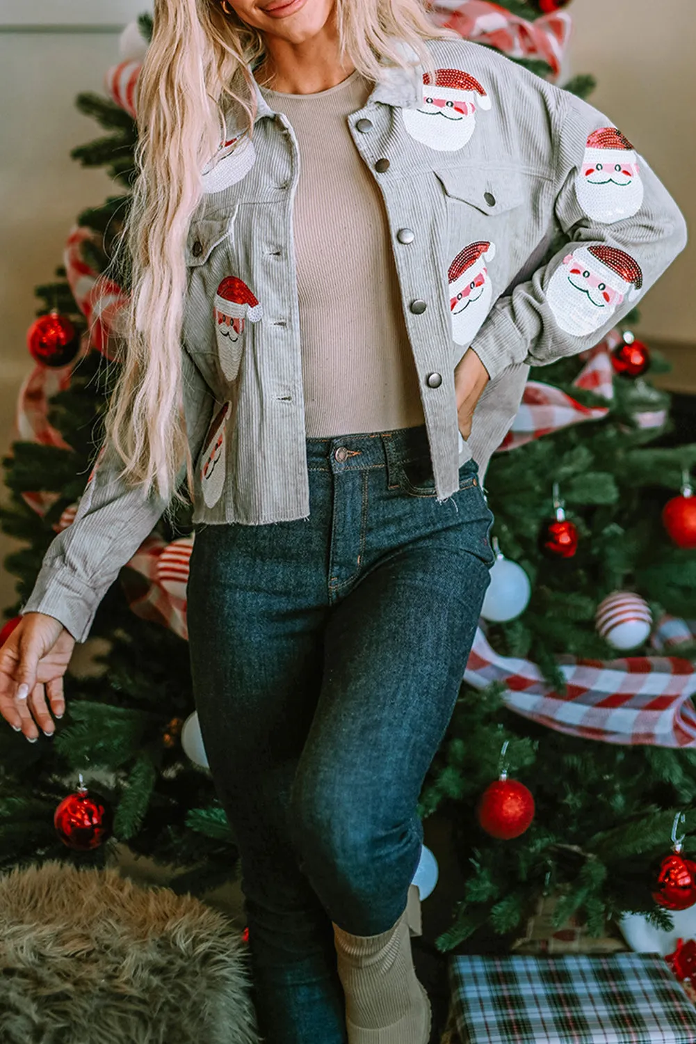 Sequined Santa Claus Flap Corduroy Jacket