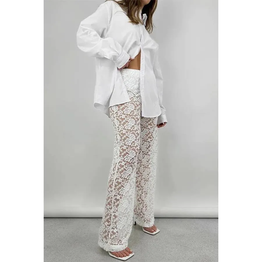 Sexy Patchwork Lace See Through Straight Pants: White
