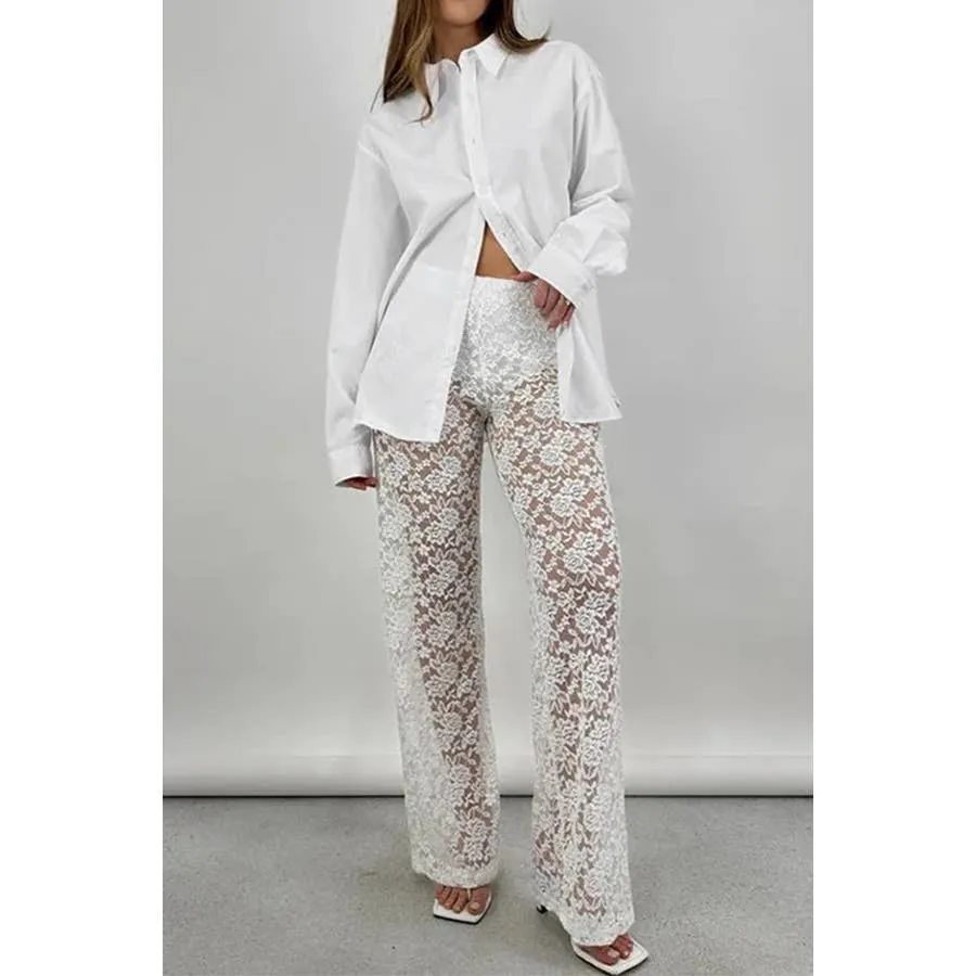 Sexy Patchwork Lace See Through Straight Pants: White