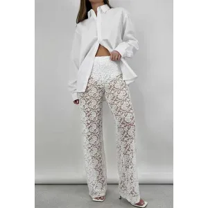 Sexy Patchwork Lace See Through Straight Pants: White