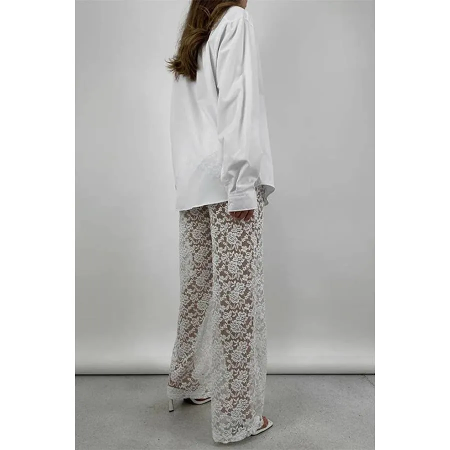 Sexy Patchwork Lace See Through Straight Pants: White