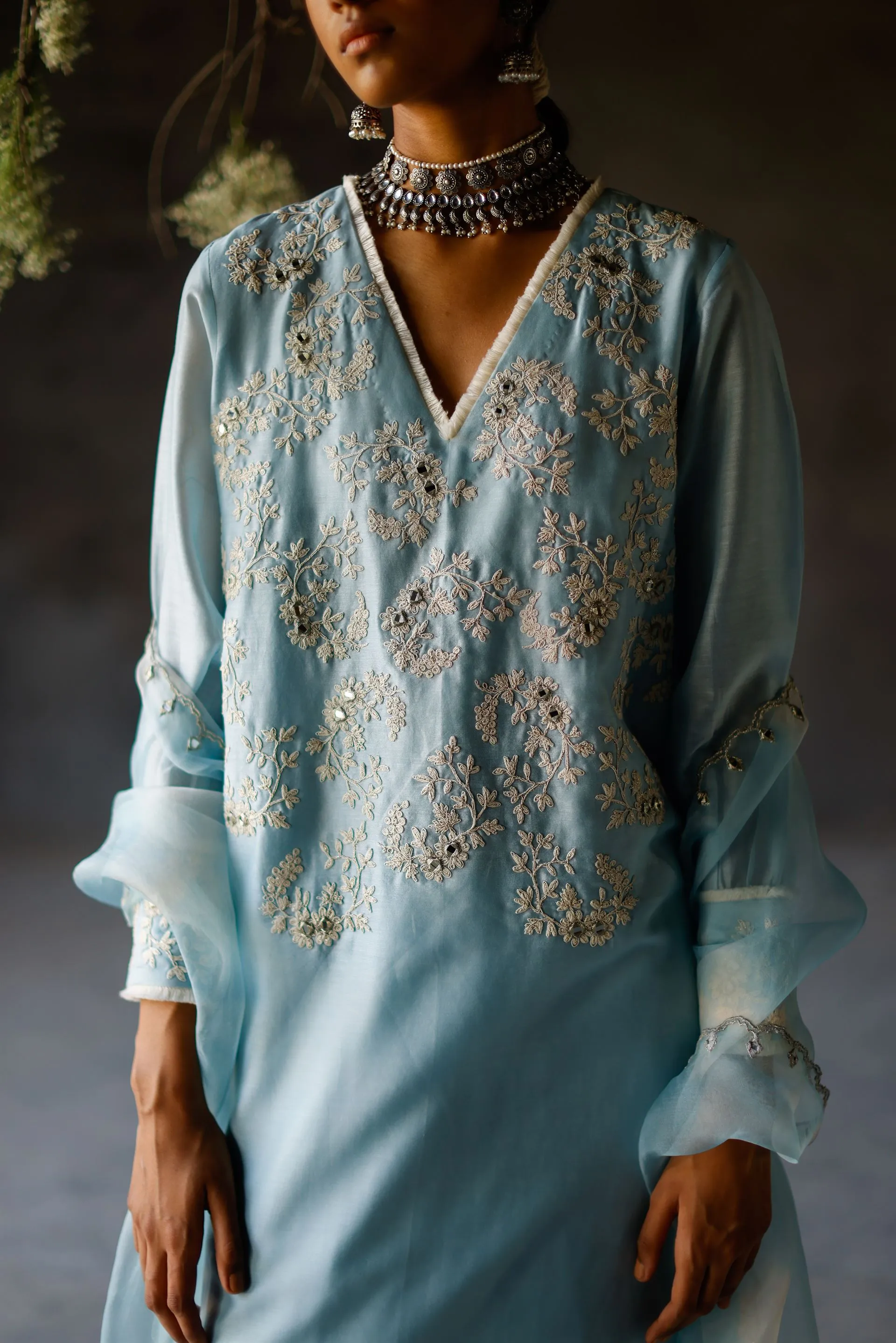 Shikha Mehta Drake Asmani Aneesha Kurta Set Silk Chanderi Blue Paak Ss22-Smha22