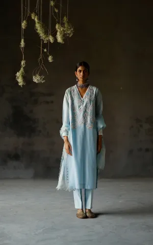 Shikha Mehta Drake Asmani Aneesha Kurta Set Silk Chanderi Blue Paak Ss22-Smha22