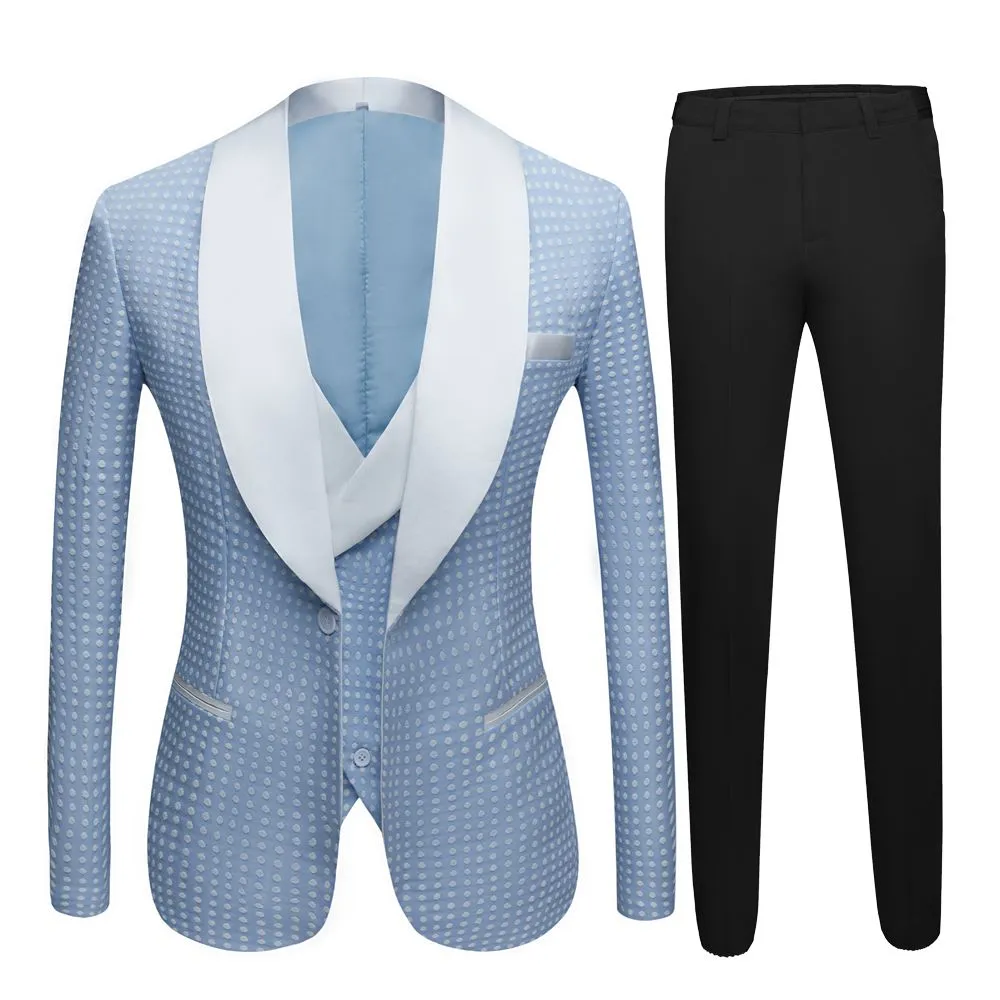 Sky Blue Fashion Dot Wedding Groom Suits with Shawl Lapel