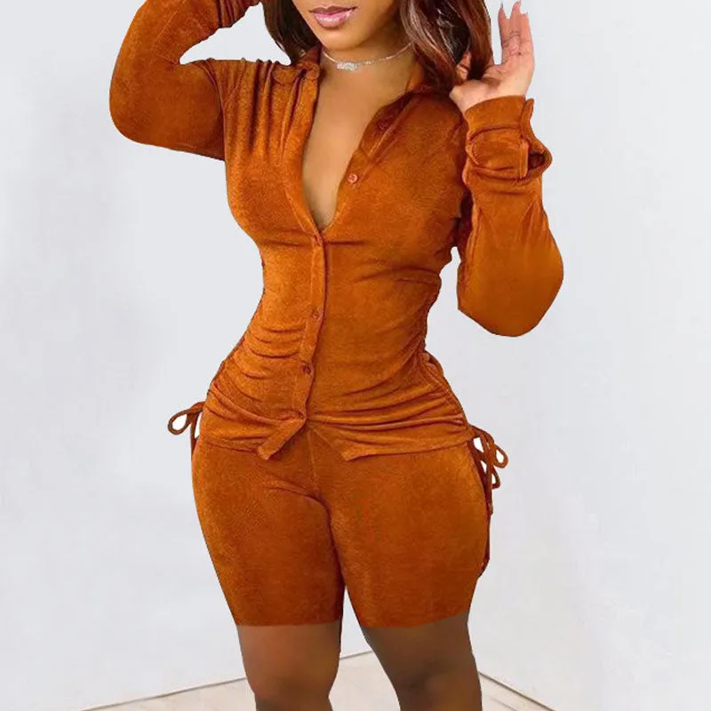 Solid Long Sleeve Drawstring Blouse & Shorts Set