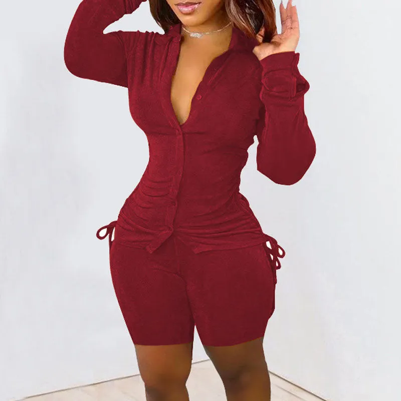 Solid Long Sleeve Drawstring Blouse & Shorts Set