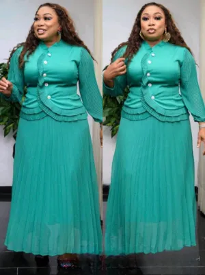 Solid Long Sleeve Pleated Women's Maxi Skirt Set