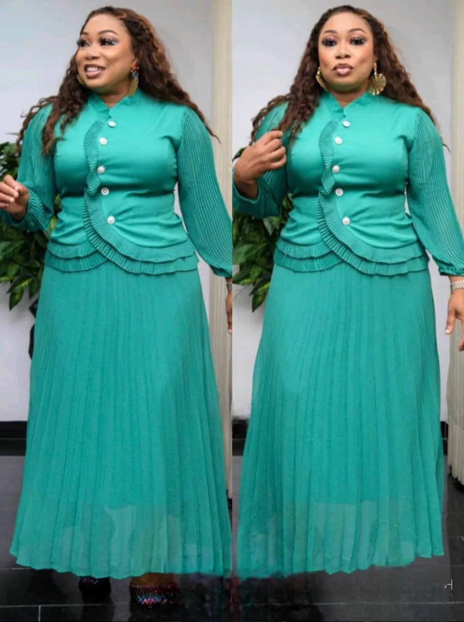 Solid Long Sleeve Pleated Women's Maxi Skirt Set