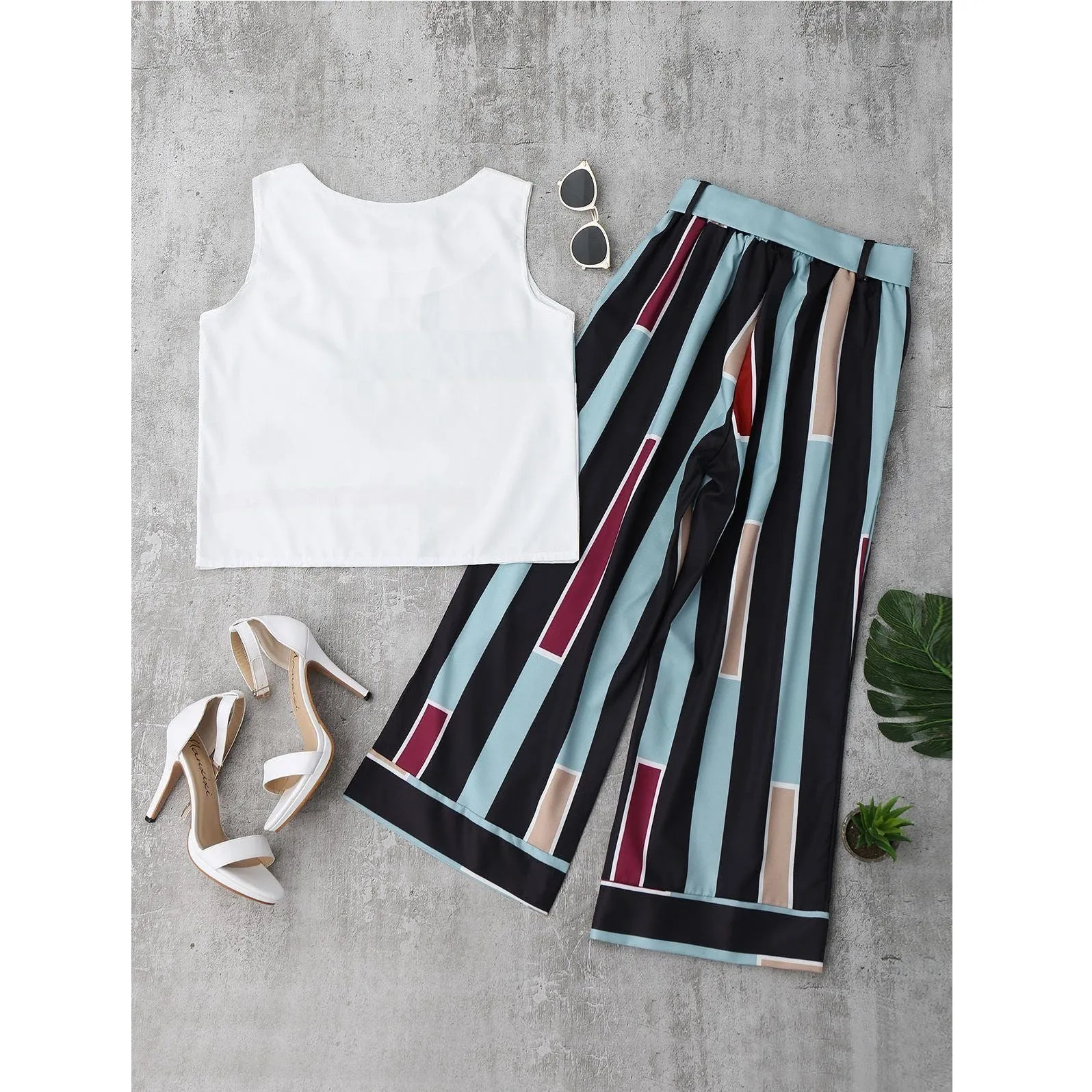 Striped Tank Top & Belted Pants (2 Piece Set)