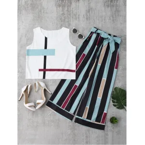 Striped Tank Top & Belted Pants (2 Piece Set)