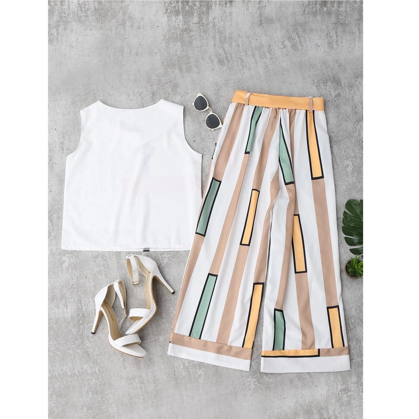 Striped Tank Top & Belted Pants (2 Piece Set)