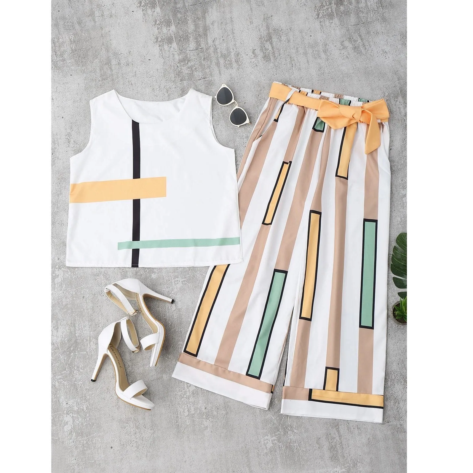 Striped Tank Top & Belted Pants (2 Piece Set)