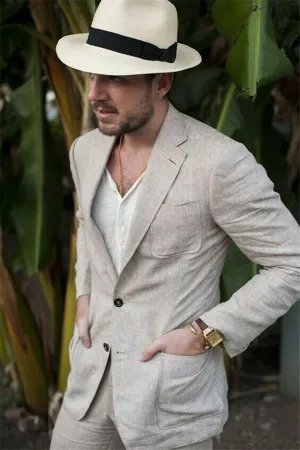 Summer Fashion Khaki Linen Suit For Men Casual Prom Dinner Groom Wedding Tuxeds