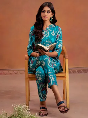 Teal Ikat Printed Festive Co-ord Set