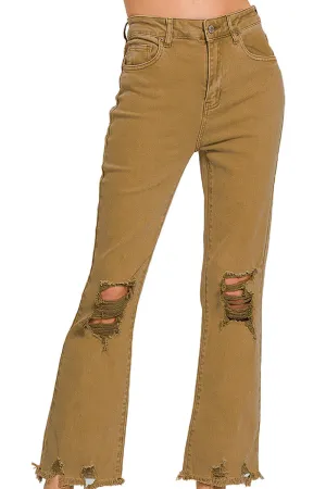 The Macie Deep Camel High Waist Distressed Straight Pants