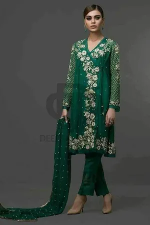 Trendy Bottle Green Chiffon Dress by Deepak Parwani - C 818