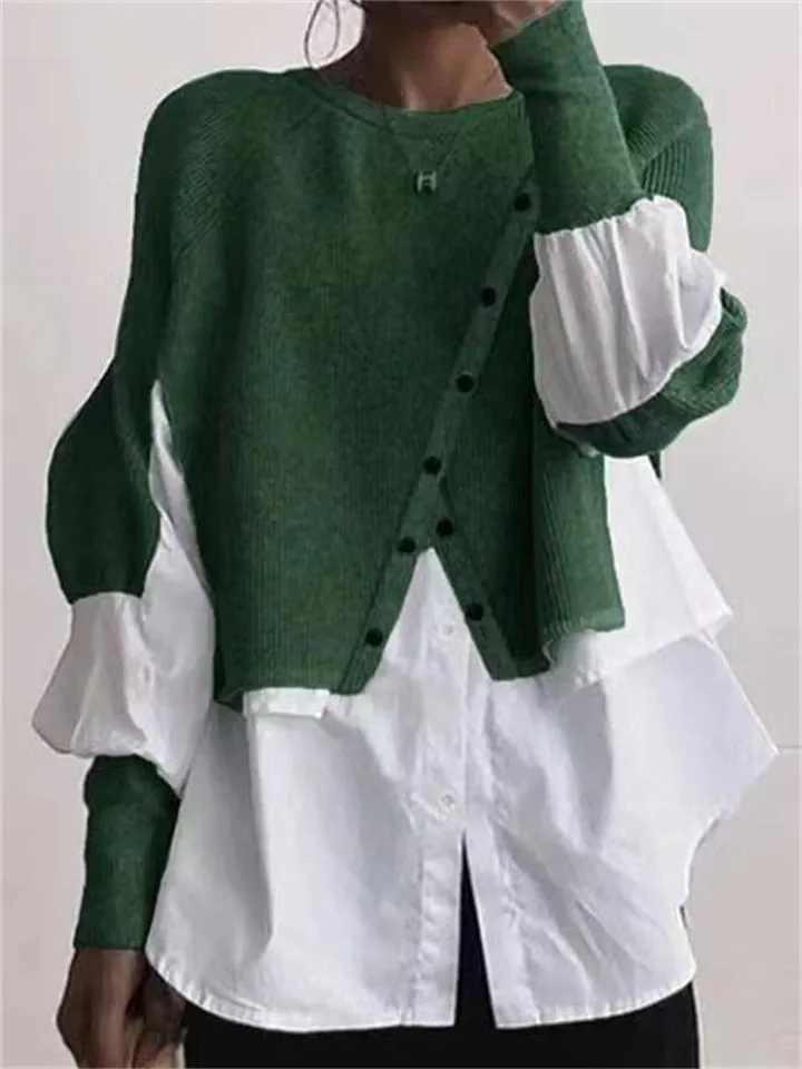 Trendy New Crewneck Contrast Color Patchwork Knitted Female Sweaters