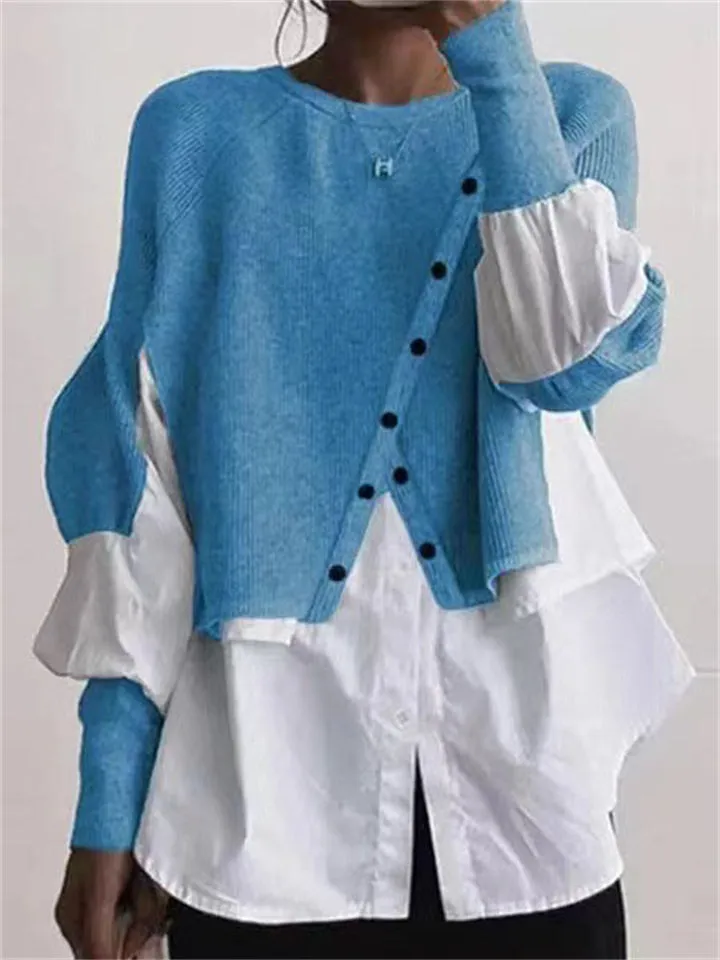 Trendy New Crewneck Contrast Color Patchwork Knitted Female Sweaters