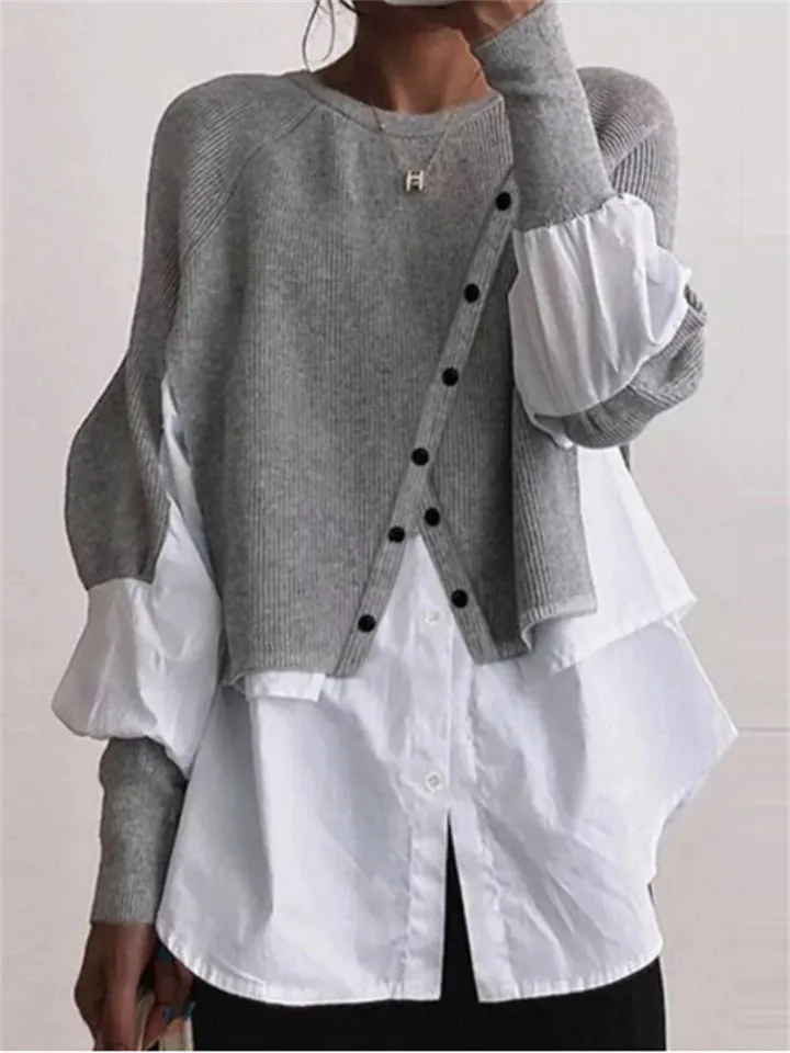 Trendy New Crewneck Contrast Color Patchwork Knitted Female Sweaters
