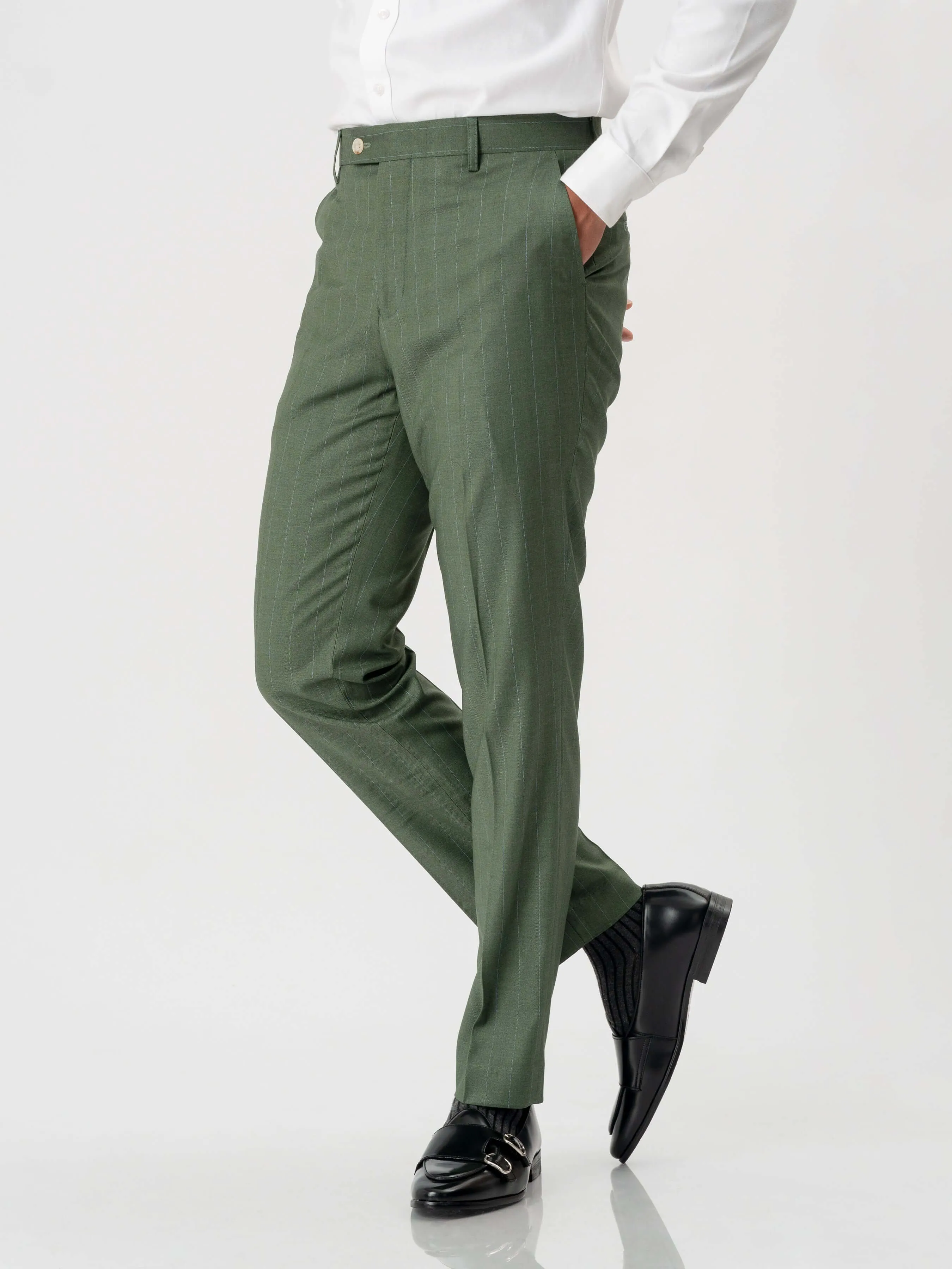 Trousers With Belt Loop -  Moss Green Stripes (Slim Straight)