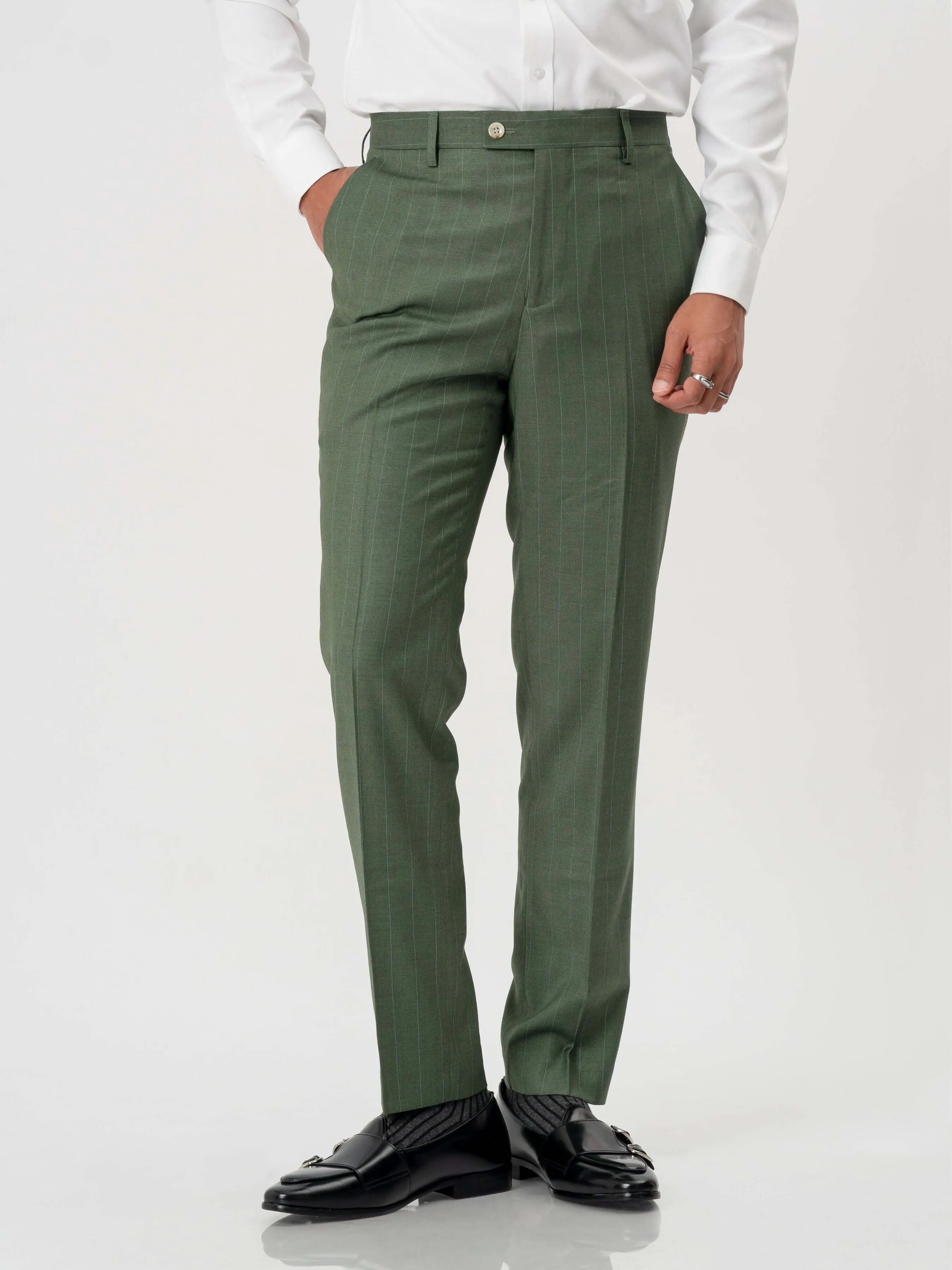 Trousers With Belt Loop -  Moss Green Stripes (Slim Straight)