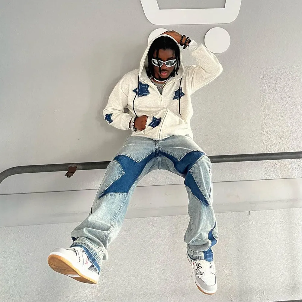 Urban Denim Star Patchwork Cotton Hoodie