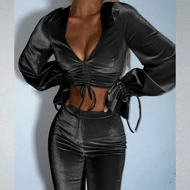 Velvet Flared Sleeve Drawstring Top & Stacked Pants Set