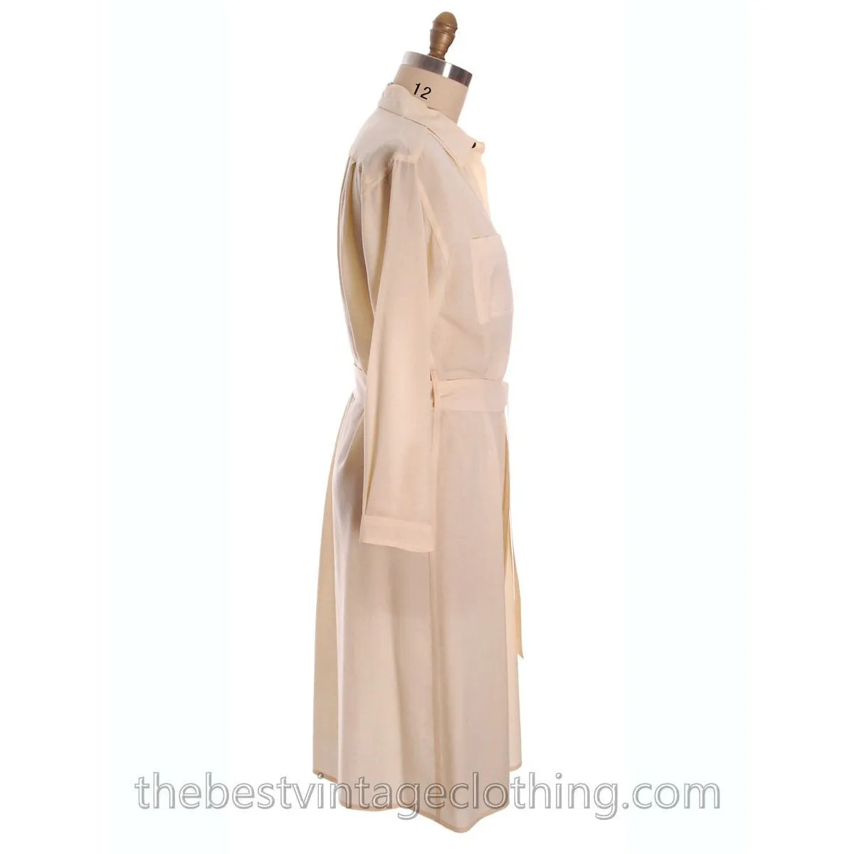 Vintage Vuokko 1970s Coat Dress Ivory Wool Voile Solid Snap Front M