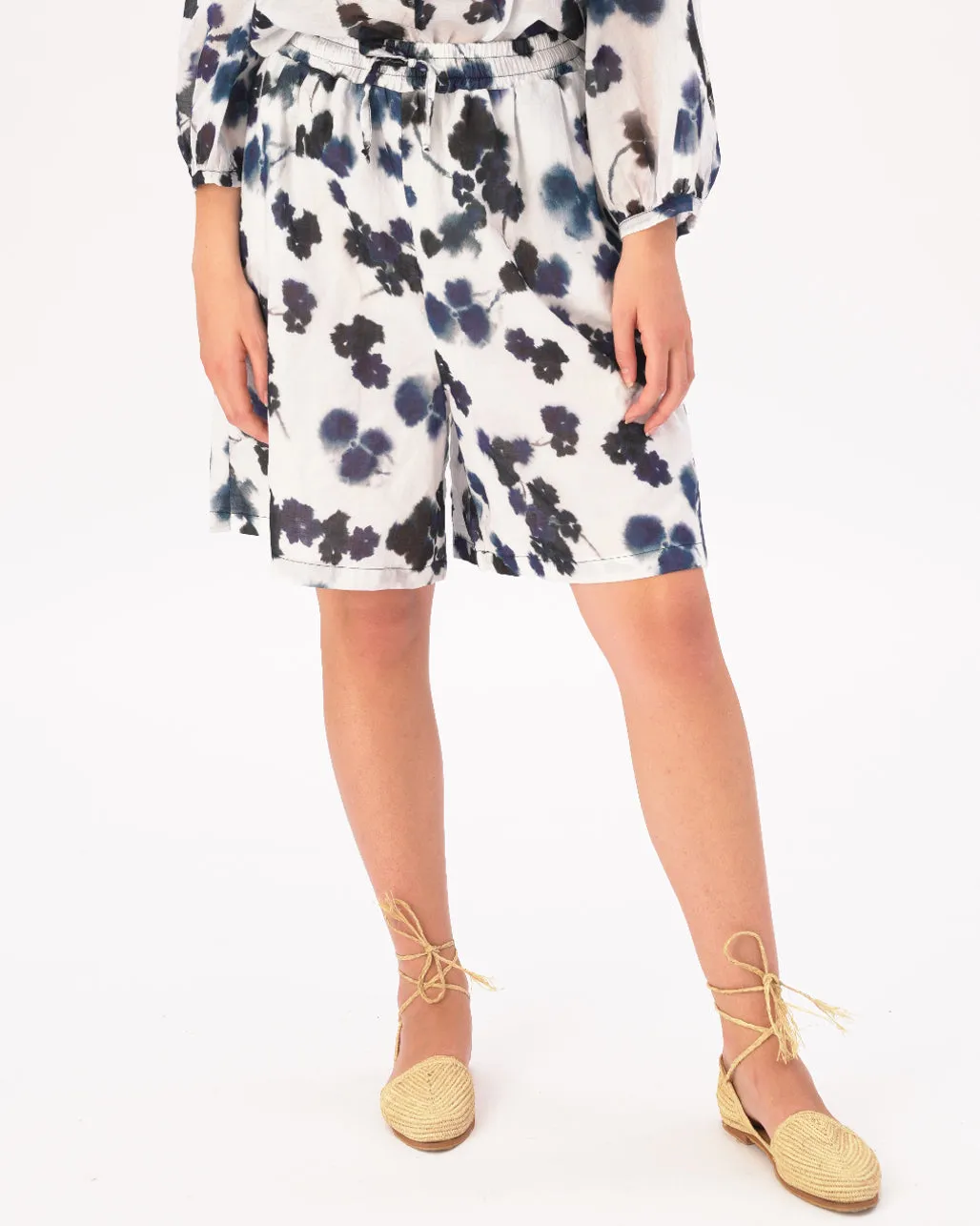 Watercolor Small Floral Elastic Drawstring Cotton Shorts