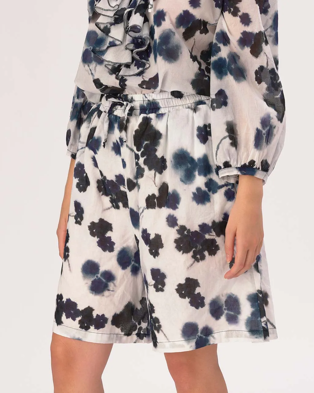Watercolor Small Floral Elastic Drawstring Cotton Shorts