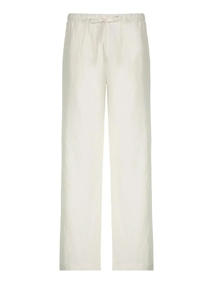 White Classic Drawstring Straight Pants