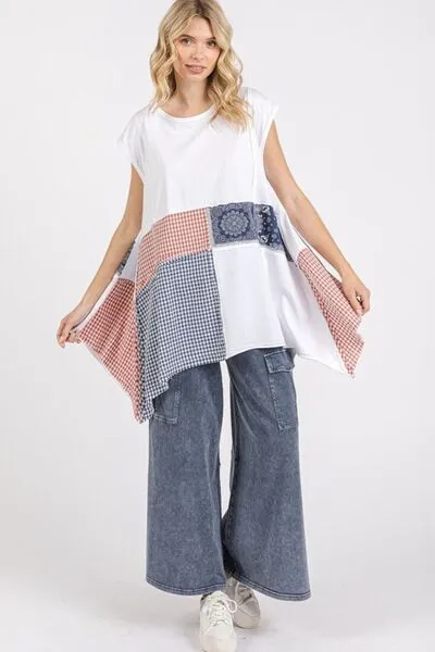 White Patchwork Mineral Washed Round Neck Cap Sleeve Top