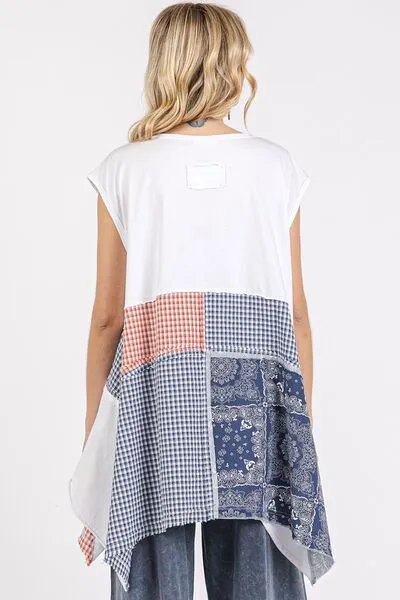 White Patchwork Mineral Washed Round Neck Cap Sleeve Top