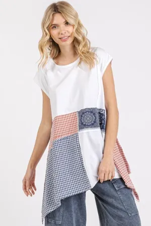 White Patchwork Mineral Washed Round Neck Cap Sleeve Top