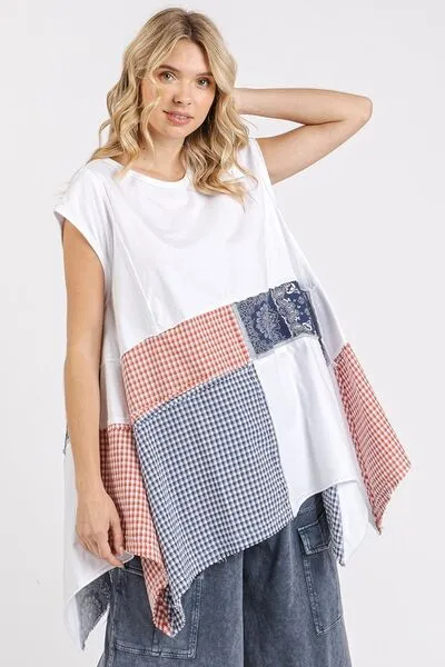 White Patchwork Mineral Washed Round Neck Cap Sleeve Top