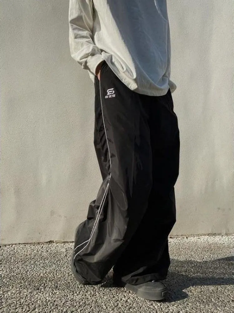 Women Black Wide Leg Oversized Parachute Pants Oversized Casual Trousers