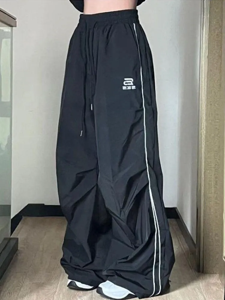 Women Black Wide Leg Oversized Parachute Pants Oversized Casual Trousers