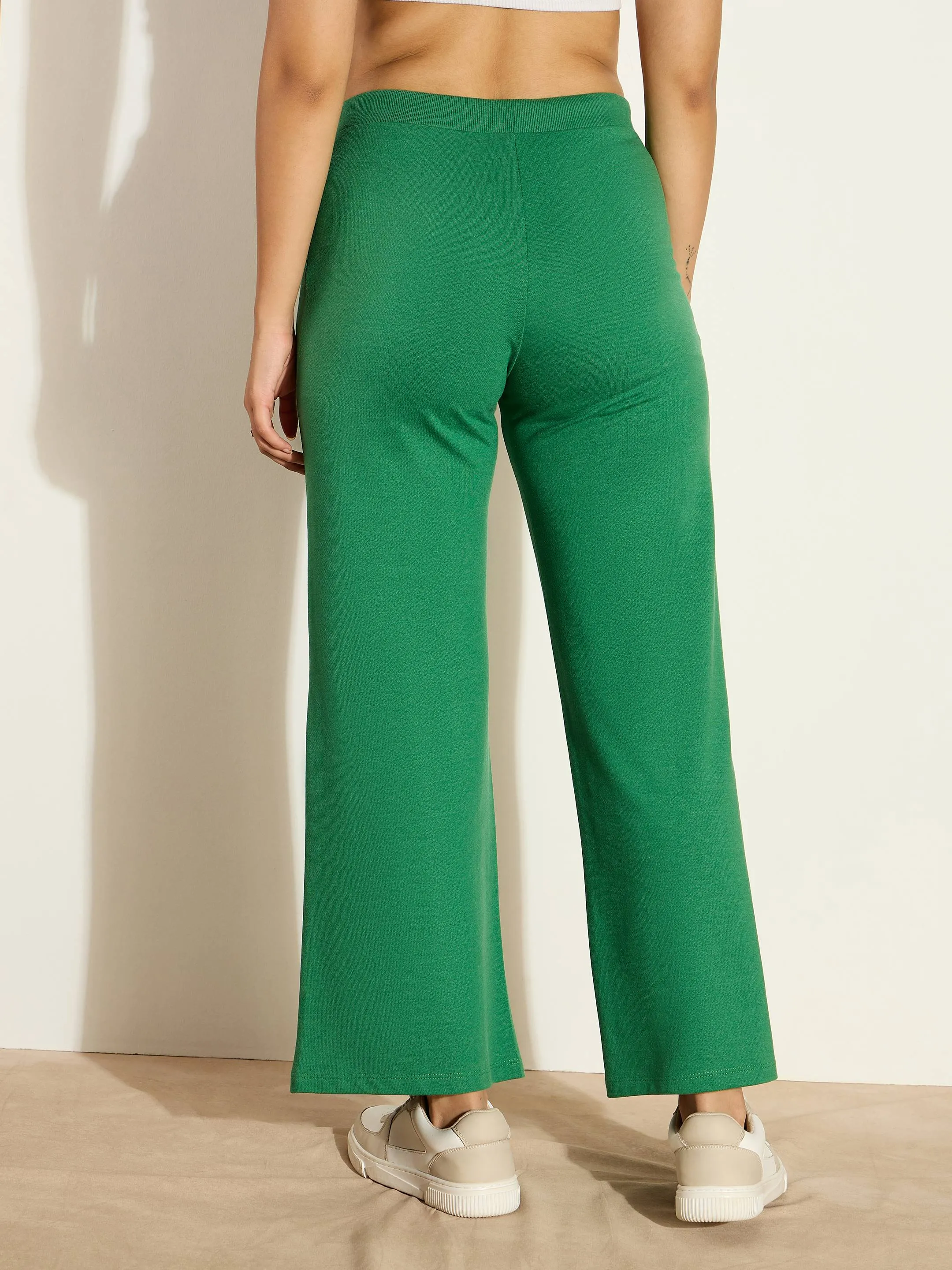 Women Green Terry Wide Leg Drawstring Pants