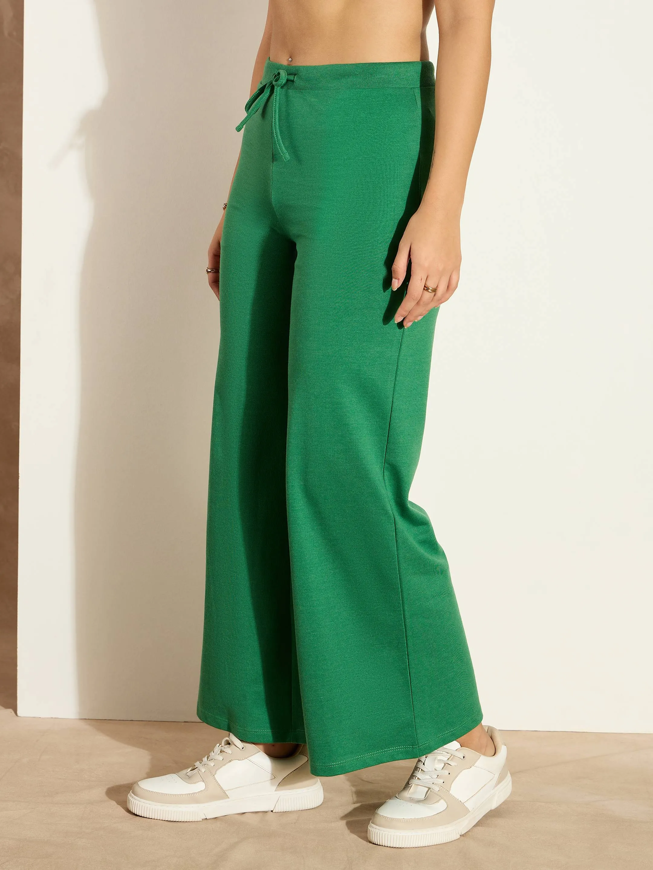 Women Green Terry Wide Leg Drawstring Pants