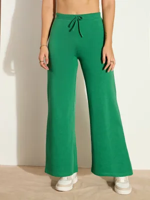 Women Green Terry Wide Leg Drawstring Pants