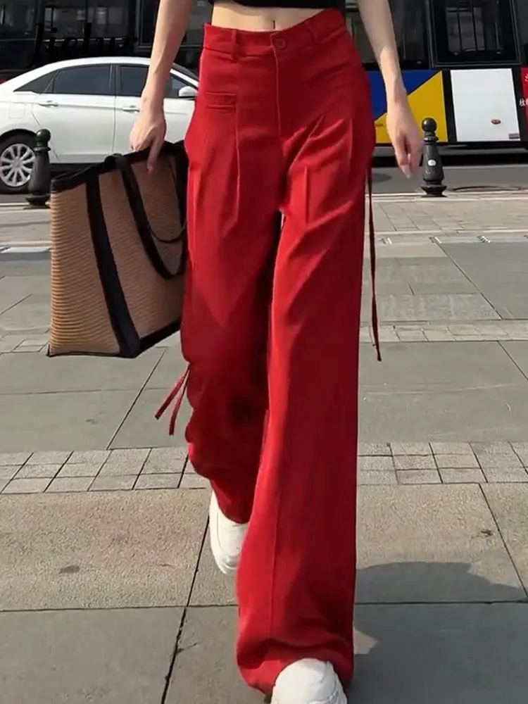Women Lace-up High Waist Wide Leg Pants Casual Chic Office Pants