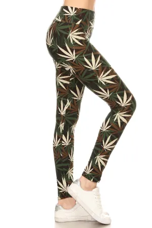 Women Plus High Waist Olive Brown Leaf Cannabis Printed Yoga Pants Leggings