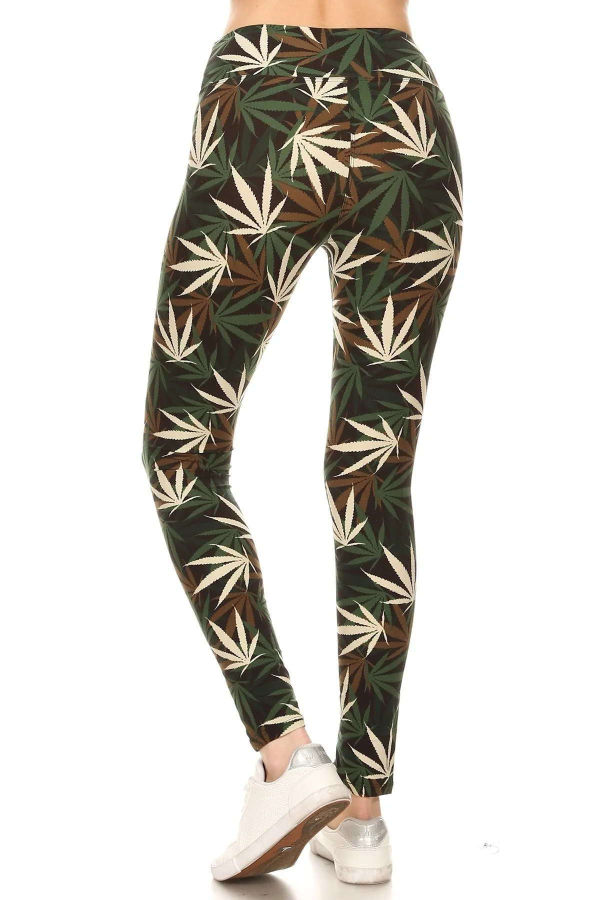 Women Plus High Waist Olive Brown Leaf Cannabis Printed Yoga Pants Leggings