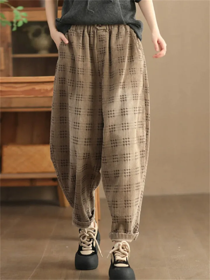 Women's Autumn Retro Plaid Loose Corduroy Long Pants