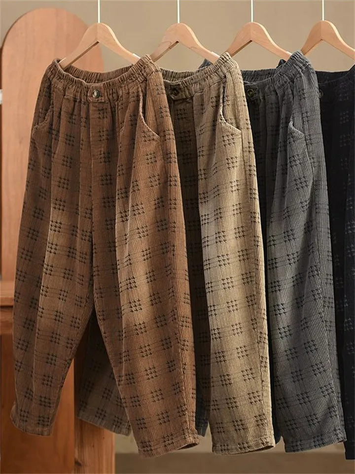Women's Autumn Retro Plaid Loose Corduroy Long Pants