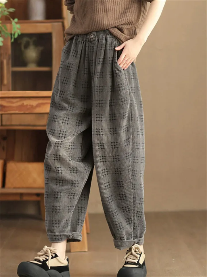 Women's Autumn Retro Plaid Loose Corduroy Long Pants